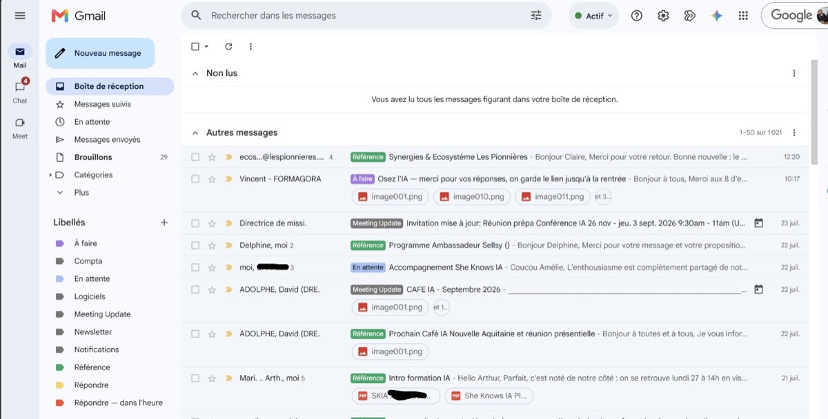 Notre boîte Gmail réelle : aucun message non lu, tous les fils étiquetés par notre IA