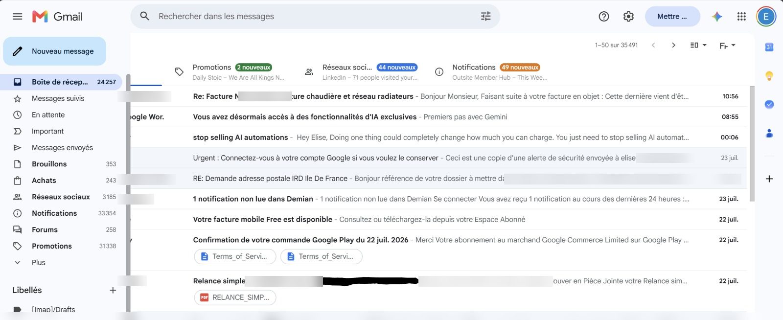 Boîte Gmail sans tri IA : 24 257 messages non lus, notifications et relances mélangées